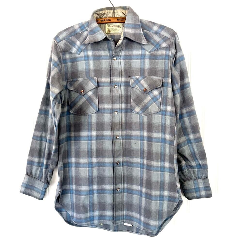 Vintage Pendleton Blue and Gray Plaid Button Down Shirt Medium 100% Virgin Wool